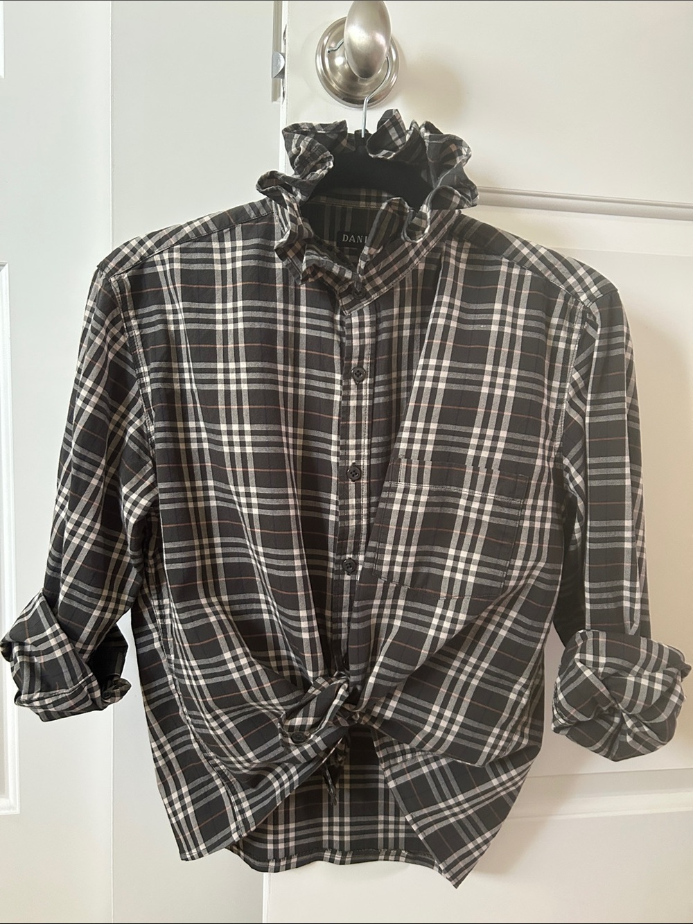 Daniel K Green and White Plaid Button-Down Shirt with Ruffle Collar.